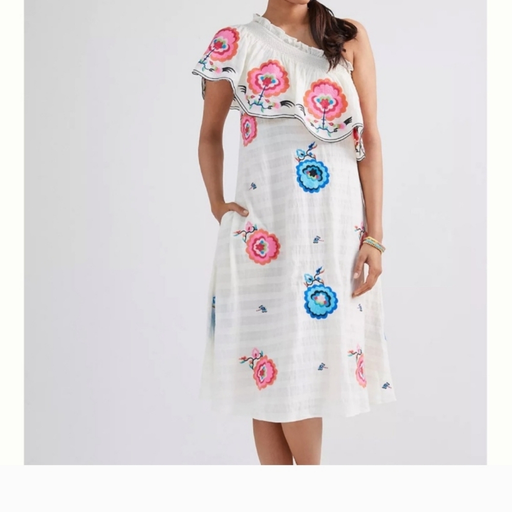 Anthropologie one Shoulder Embroidered Dress 1X